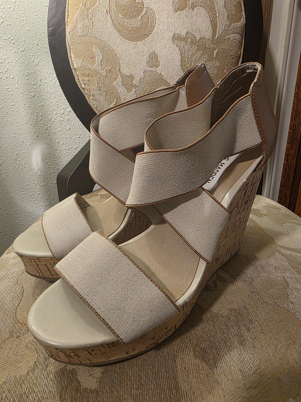 Steve Madden Neutral Tan Elastic Crisscross Wedge Sandals